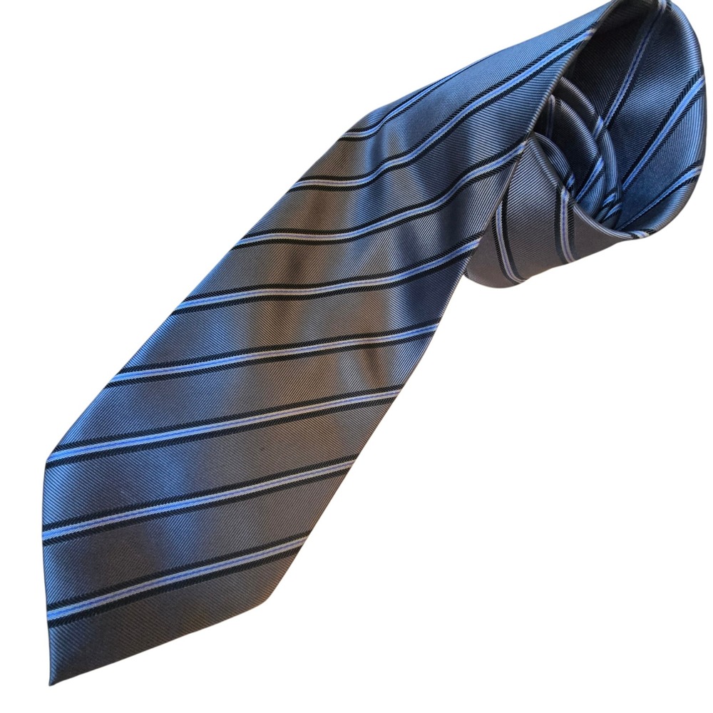 Ermenegildo Zegna Mens Silk Tie Grey Blue Black Diagonal Stripe Made in Italy